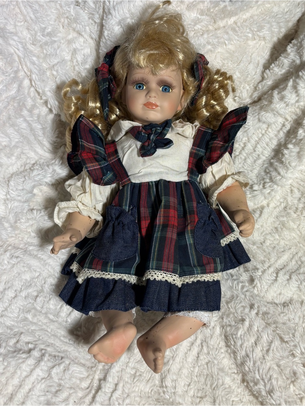 Vintage Classic Porcelain Collectible Doll in Navy Plaid Dress